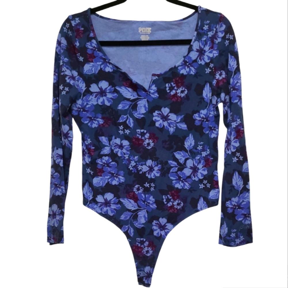 PINK VICTORIA'S SECRET Blue Floral Bodysuit size large